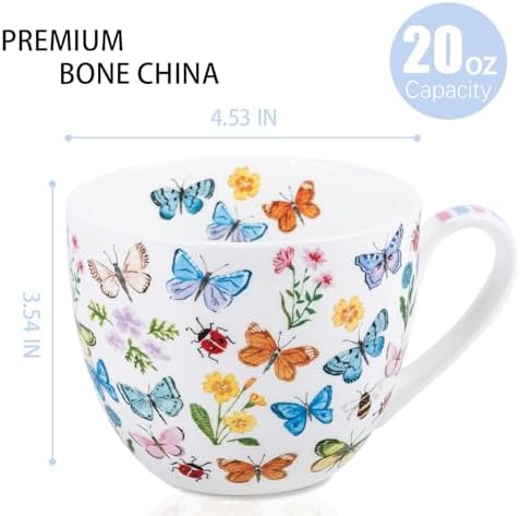 Colorful Butterfly Mug - 20oz Bone China Coffee Tea Hug Mug with Multicolor Butterflies, Ladybugs, Bees & Blooms, Perfect Gifts for Mom Women Mothers Day, Designed in England by Harvest Green Studio - Image 2