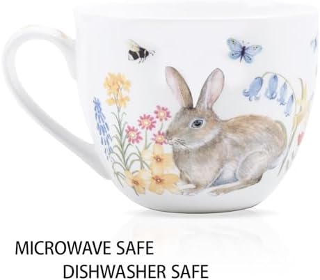 20 oz Bunny Coffee Mug with Spring Flowers & Happy Days Slogan, Premium Bone China Rabbit Coffee Cup, Cute Garden Gift for Women, Family&Friends, Designed in England by Harvest Green Studio - Image 4