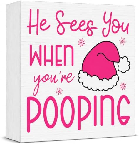 Pink Christmas Bathroom Decor, Funny Santa Hat Christmas Wooden Box Sign by Unknown