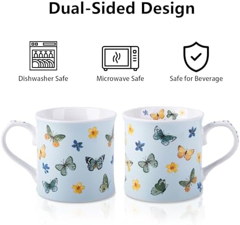Colorful Butterfly & Floral Coffee Mug – 12 oz Premium New Bone China Blue Tea Cup, Elegant Ceramic Mug Gift for Women, Mom & Butterfly Lovers – Designed in England by Harvest Green Studio - Image 5
