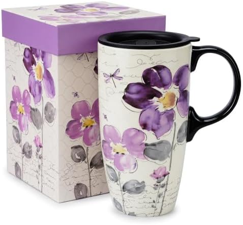Topadorn 17oz Ceramic Travel Mug with Lid, Tall Purple Floral Coffee Mug by Topadorn