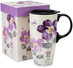 Topadorn 17oz Ceramic Travel Mug with Lid, Tall Purple Floral Coffee Mug by Topadorn