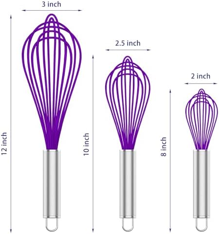 Purple Silicone Whisk Set of 3, 8/10/12 Inch, Non-Scratch - Image 6