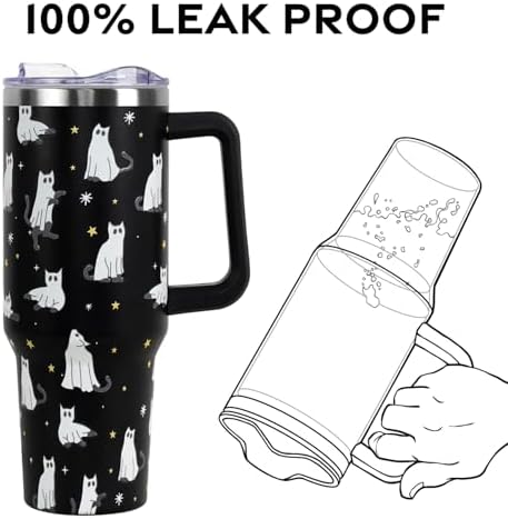 Halloween Tumbler with Lid and Straw 40oz,Black Cute Ghost Cat Vacuum Insulated Leak Proof Tumbler,Goth Cute Spooky Gift Women Girls,Halloween Accessories Stainless Steel Coffee Cup - Image 5
