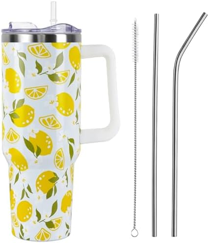 Floral Lemon Tumbler with Handle and Straw Lid 40 oz,Cute Spring Summer Gift for Women Men Friends Boho Flowers Vacuum Insulated Leak Proof Stainless Steel Coffee Cup Mug by Unknown