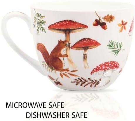 Autumn Squirrel Mug – 20oz Bone China Coffee Mug, Cozy Fall Mushroom Forest Design, Gift for Nature Lovers and Friends, Designed in England by Harvest Green Studio - Image 4