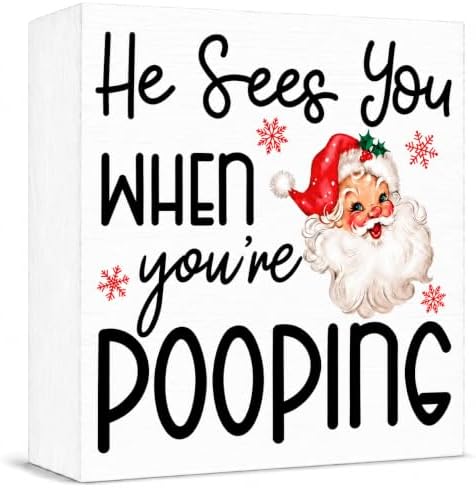 Christmas Bathroom Decor, Funny Vintage Christmas Decorations, Santa Claus Bathroom Table Decoration He Sees You When You're Pooping Wooden Box Sign, Home Shelf Desk Decor for Toilet 5x5 Inches by Unknown