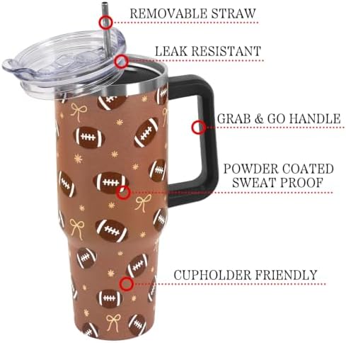 Fall Thanksgiving Tumbler with Lid and Straw 40oz, Cute Football Bows & Snowflakes Vacuum Insulated Leak Proof Stainless Steel Coffee Cup for Game Day, Farmhouse Accessories Gift for Women Girls - Image 4