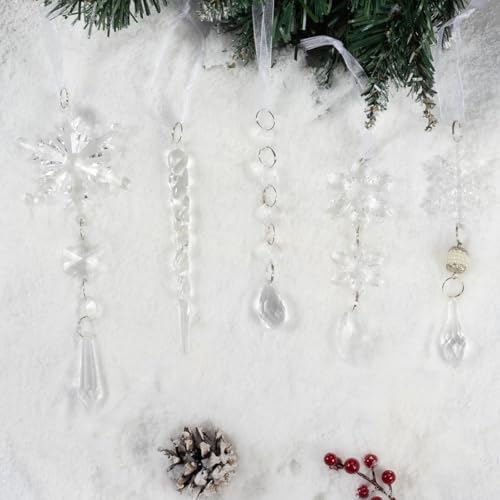 Crystal Christmas Tree Ornaments, Clear Acrylic Snowflake & Icicle, 48pcs - Image 7