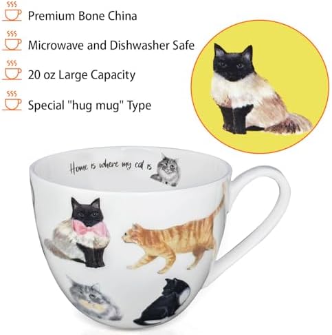 Cute Cat Mugs for Daily Coffee and Tea, Premium 20 oz Bone China Coffee Tea Hug Mug, Perfect Holiday, Birthday, and Christmas Gift for Cat Lovers, Designed in England by Harvest Green Studio - Image 4