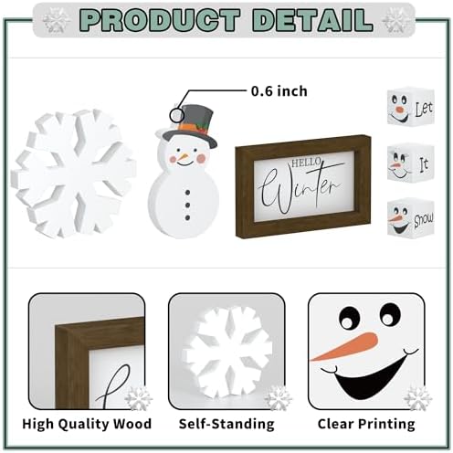 Christmas/Winter Tiered Tray Decor, 6 Pcs Hello Winter Snowflake Snowman Table Signs Let It Snow Wooden Signs for Home Kitchen Office - Image 4