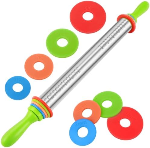Stainless Steel Dough Roller Pins with Handle for Baking, Adjustable Rolling Pin with Thickness Rings for Cookie Decorating, Kitchen Baking Essential Tools for Fondant Cake Baker Pizza Cookie by BIDFUL