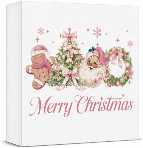 Pink Christmas Decor, Christmas Decorations Indoor, Coquette Bow Xmas Tree Santa Claus Gingerbread Sign Gift for Women Friends, Rustic Wooden Box Sign for Home Office Bedroom Desk Decor 5x5 Inches by Unknown