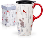 Topadorn Christmas Ceramic Travel Mug with Lid, 17 oz, Cardinal and Deer by Topadorn