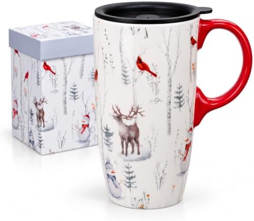 Topadorn Christmas Ceramic Travel Mug with Lid, 17 oz, Cardinal and Deer by Topadorn