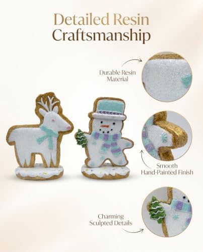 Set of 2 Gingerbread Christmas Figurines Hand-Painted Resin, 5‘’ Reindeer & Snowman Designs, Cookie-Style Finish, Glitter Accents, Shelf Tiered Tray Decor Tabletop Display, Christmas Decoration Indoor - Image 5