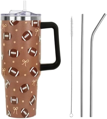 Fall Thanksgiving Tumbler with Lid and Straw 40oz, Cute Football Bows & Snowflakes Vacuum Insulated Leak Proof Stainless Steel Coffee Cup for Game Day, Farmhouse Accessories Gift for Women Girls by Unknown