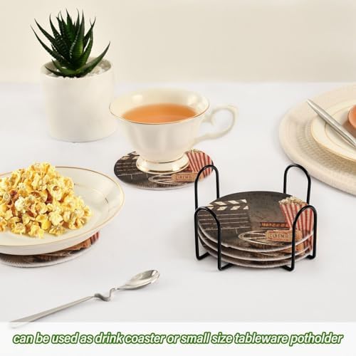 YETTASBIN Movie Theater Popcorn 6 Pcs Drink Coasters with Holder, Cotton Woven Absorbent Heat-Resistant Round Coaster Non-Slip Table Mat for Kitchen Bar Home Decor Housewarming Gift, 3.9 in - Image 6