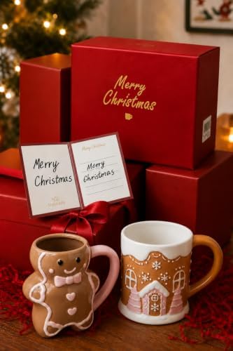 2 Pcs Christmas Mug Gift Card & Box Included Gingerbread Man House Design - Image 3