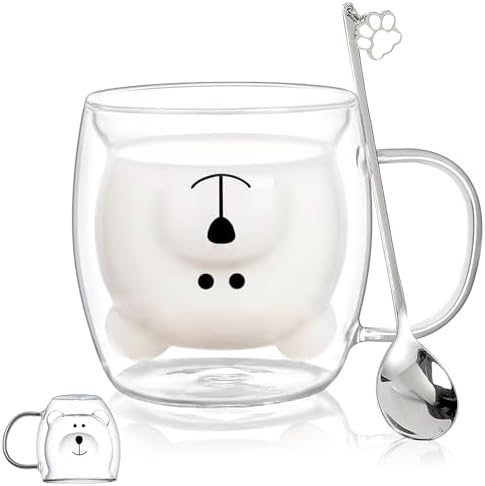 Binoster Bear Cute Mugs Kawaii Double Wall Glass Coffee Tea Mill Yogurt Cup Funny Novelty Gift for Women Her Friends Office Birthday Christmas (Bear with handle) by WELOCMETOBINOSTER