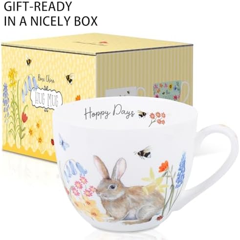 20 oz Bunny Coffee Mug with Spring Flowers & Happy Days Slogan, Premium Bone China Rabbit Coffee Cup, Cute Garden Gift for Women, Family&Friends, Designed in England by Harvest Green Studio - Image 3