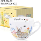 20 oz Bunny Coffee Mug with Spring Flowers & Happy Days Slogan, Premium Bone China Rabbit Coffee Cup, Cute Garden Gift for Women, Family&Friends, Designed in England by Harvest Green Studio - Image 3