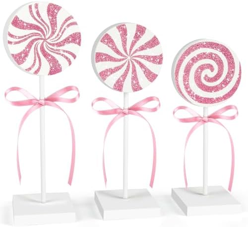 3 Pieces Christmas Table Decorations Wood Candy Set, Pink Christmas Tiered Tray Decor,Rustic Candy Table Decorations for Home Tables (Pink) by Sereliy