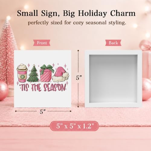 Pink Christmas Decor, Pink Christmas Bathroom Decor, Girly Decoration, Wooden Box Sign Winter Latte Santa Presents Tree Coffee Home Bedroom Desk Decoration - Image 2