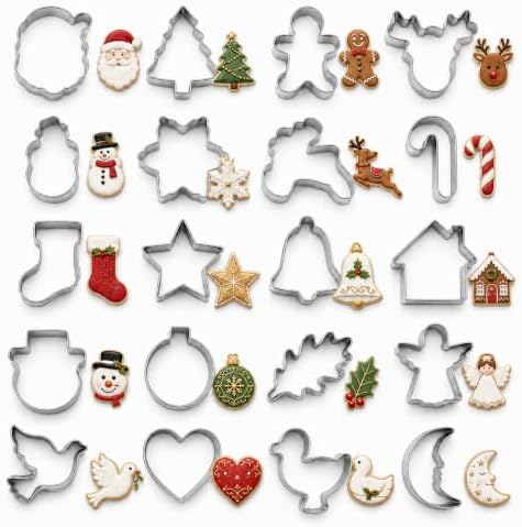 Mini Christmas Cookie Cutters Set 20 Pieces Stainless Steel Cookie Cutter Set for Baking -Christmas Tree,Snowman,Reindeer,Santa Face, Star,Stocking,Candy Cane,Gingerbread Man and More by Crethinkaty