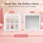 Pink Christmas Decor, Christmas Decorations Indoor, Bow Xmas Tree Santa Claus Snowman Nutcracker Gingerbread Sign Gift for Women Friends, Rustic Wooden Box Sign for Home Bedroom Desk Decor 5x5 Inches - Image 2