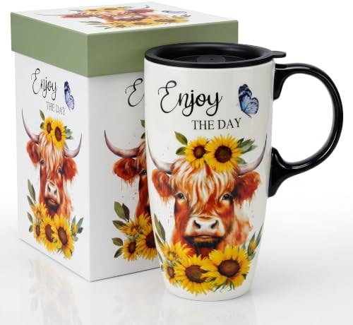 Topadorn 17oz Ceramic Travel Mug with Lid, Highland Cow Coffee Mug by Topadorn