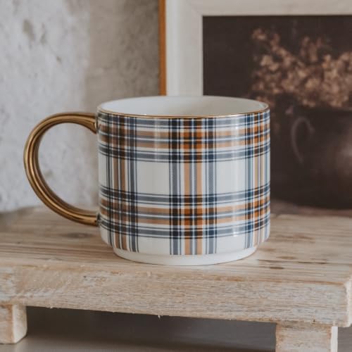 Sweet Water Decor Orange & Navy Plaid Coffee Mug, 14oz Fine Bone China Cup - Image 5