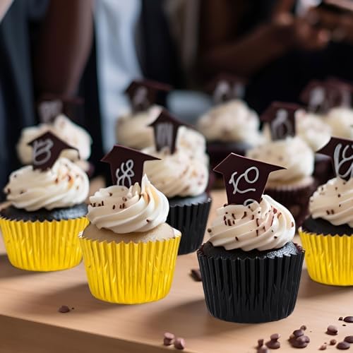 JarThenaAMCS 200Pcs Black Gold Foil Cupcake Liners Graduation Foil Metallic Baking Cups Cupcake Wrappers Muffin Liners for 2026 Class New Year Holiday Party Supplies - Image 6