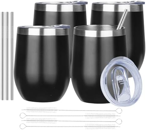 MEZMUT 12 Oz Insulated Wine Tumbler Bulk with Lid Wine Glass(Black,4 Pack) by MEZMUT