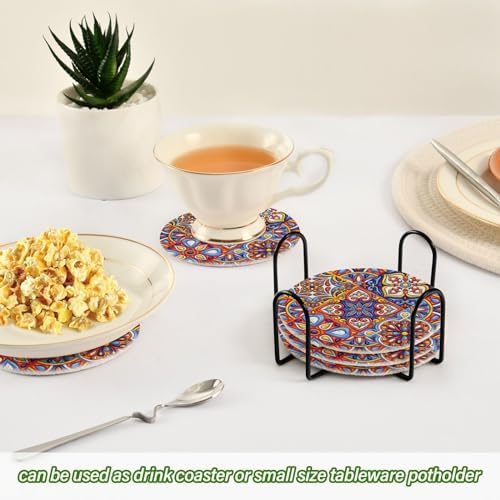 YETTASBIN Mexican Talavera 6 Pcs Drink Coasters with Holder, Cotton Woven Absorbent Heat-Resistant Round Coaster Non-Slip Table Mat for Kitchen Bar Home Decor Housewarming Gift, 3.9 in - Image 6