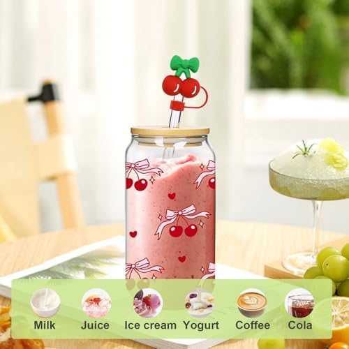 Coquette Cute Glass Cup with Lids and Straws 18OZ Cherry Iced Coffee Cup - Image 4