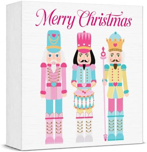 Pink Christmas Decor, Nutcracker Christmas Decorations Indoor, Merry Sign Gift for Women Friends, Rustic Farmhouse Wooden Box Sign for Home Shelf Office Bedroom Living Room Desk Decor 5x5 Inches by Unknown