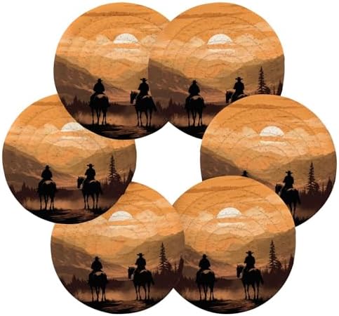 YETTASBIN Western Cowboy 6 Pcs Drink Coasters with Holder, Cotton Woven Absorbent Heat-Resistant Round Coaster Non-Slip Table Mat for Kitchen Bar Home Decor Housewarming Gift, 3.9 in - Image 2