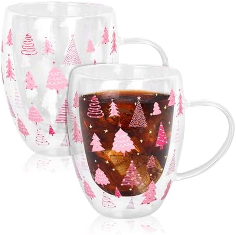 JarThenaAMCS Christmas Double Wall Glass Coffee Mugs 12oz Cute Pink Xmas Tree Insulated Glasses Clear Espresso Cups with Handle for Home Holiday Supplies, Set of 2 by JarThenaAMCS