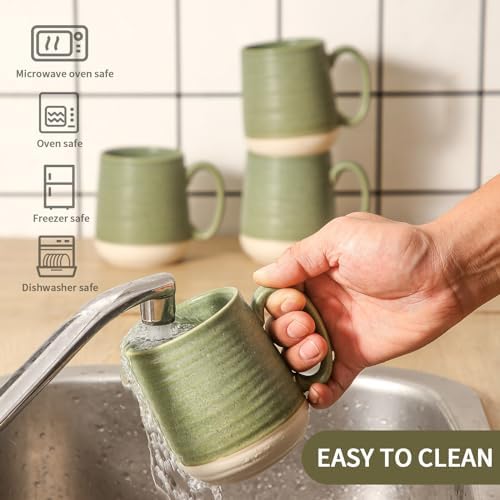 Large Ceramic Coffee Mugs Set - 15 OZ Porcelain Coffee Latte Cups Set of 4 with Handle Perfect for Cappuccino, Tea, Mocha, Hot or Cold Drinks, Unique Glaze Design for Home, Cafe and Coffee Bar, Green - Image 6