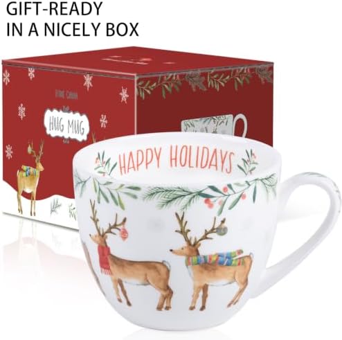 Christmas Reindeer Mug – 20oz Bone China Coffee Tea Hug Mug with Happy Holidays Inside, Perfect Christmas or Any Holiday Gift for Women & Men – Designed in England by Harvest Green Studio - Image 3