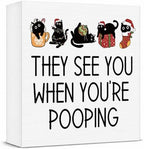 Christmas Bathroom Decor, Funny Black Cat Christmas Decorations, Bathroom Table Decoration They See You When You're Pooping Wooden Box Sign, Home Shelf Desk Decor for Toilet 5x5 Inches by Unknown