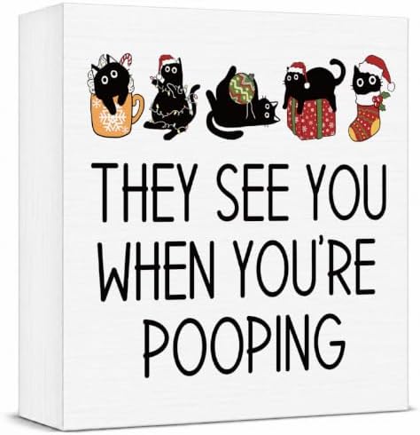 Christmas Bathroom Decor, Funny Black Cat Christmas Decorations, Bathroom Table Decoration They See You When You're Pooping Wooden Box Sign, Home Shelf Desk Decor for Toilet 5x5 Inches by Unknown