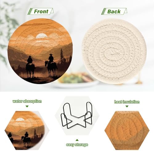 YETTASBIN Western Cowboy 6 Pcs Drink Coasters with Holder, Cotton Woven Absorbent Heat-Resistant Round Coaster Non-Slip Table Mat for Kitchen Bar Home Decor Housewarming Gift, 3.9 in - Image 4