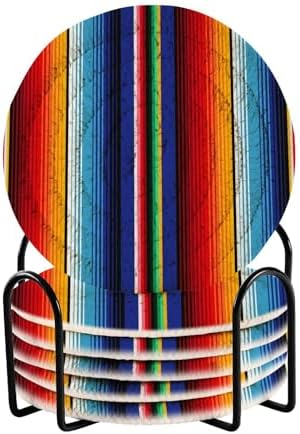 YETTASBIN Mexican Blanket Stripes 6 Pcs Drink Coasters with Holder, Cotton Woven Absorbent Heat-Resistant Round Coaster Non-Slip Table Mat for Kitchen Bar Home Decor Housewarming Gift, 3.9 in by Unknown