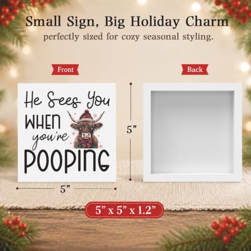 Christmas Bathroom Decor, Funny Highland Cow Christmas Decorations, Bathroom Table Decoration, Coquette Red Bow Santa Hat Wooden Box Sign, Home Shelf Desk Decor for Toilet 5x5 Inches - Image 2