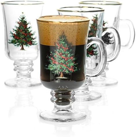 Red Co. Set of 4 Clear Glass 8 Fl Oz Christmas Tree Drinking Tumblers with Gold Rim – Irish Coffee Mug by RedCo