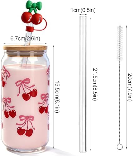 Cherries Bows Glass Cups, 2Pcs 18OZ Cherry Decor Iced Coffee Cups - Image 2
