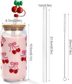 Cherries Bows Glass Cups, 2Pcs 18OZ Cherry Decor Iced Coffee Cups - Image 2