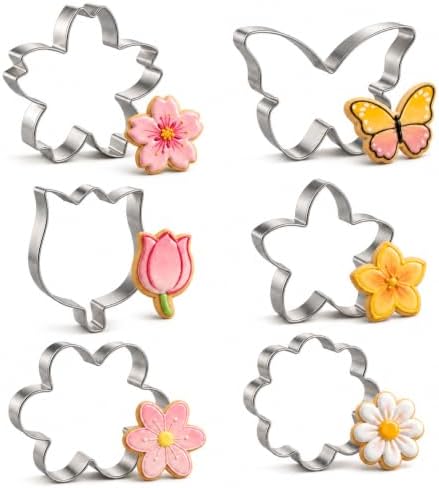 Flower Cookie Cutter Set, 6 PCS Tulip, Cherry Blossom, Frangipani, Daisy, Sunflower, Butterfly, Stainless Steel Holiday Cookie Cutter Shapes for Baking Biscuit Molds by Crethinkaty